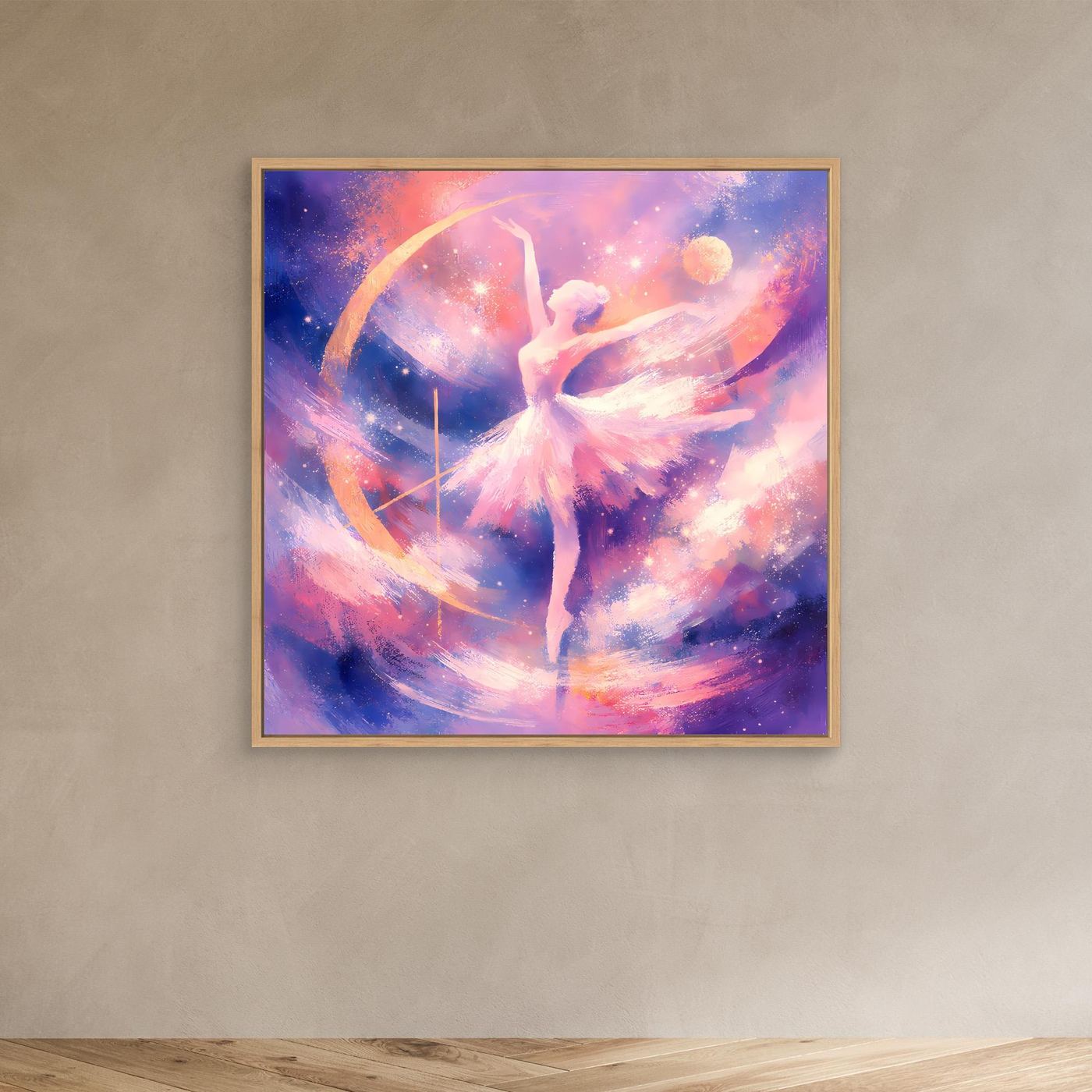Leinwandbild Ballerina in Pastellfarben im Eichenrahmen, tanzend in Sternen- und Farbwellen