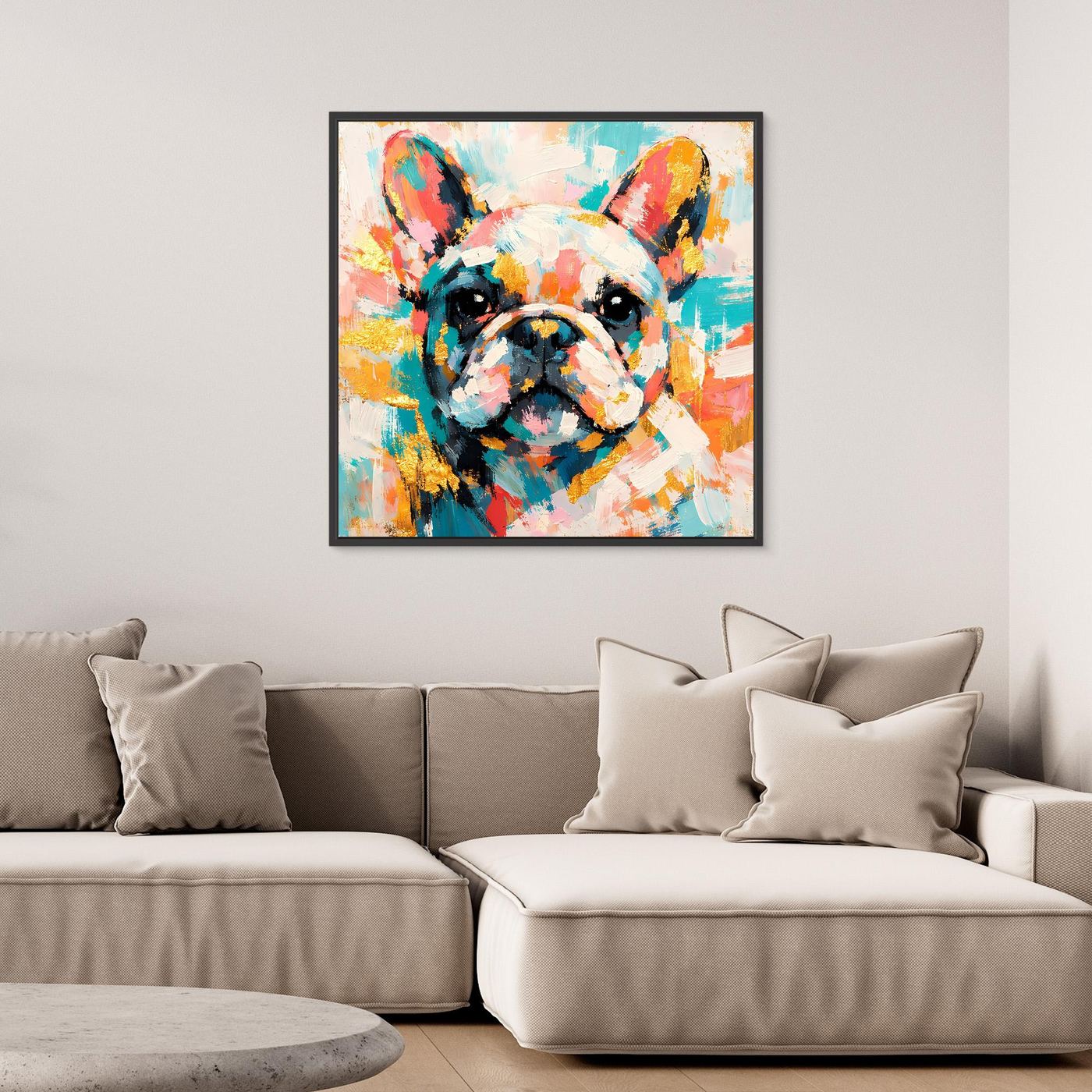 Leinwandbild Französische Bulldogge mit schwarzem Rahmen, abstraktes Farbporträt