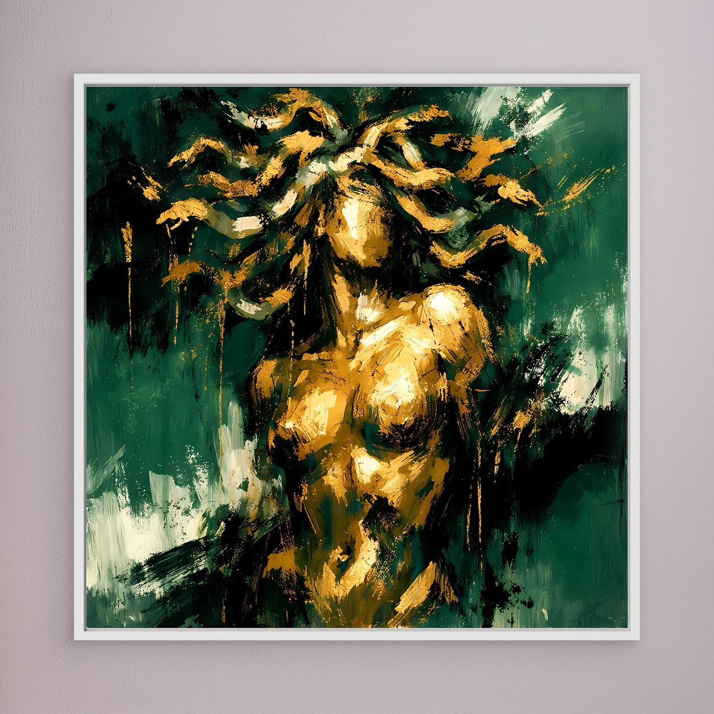 Leinwand Mystische Medusa in Smaragdgrün | Abstraktes Mythologie Wandbild Gold