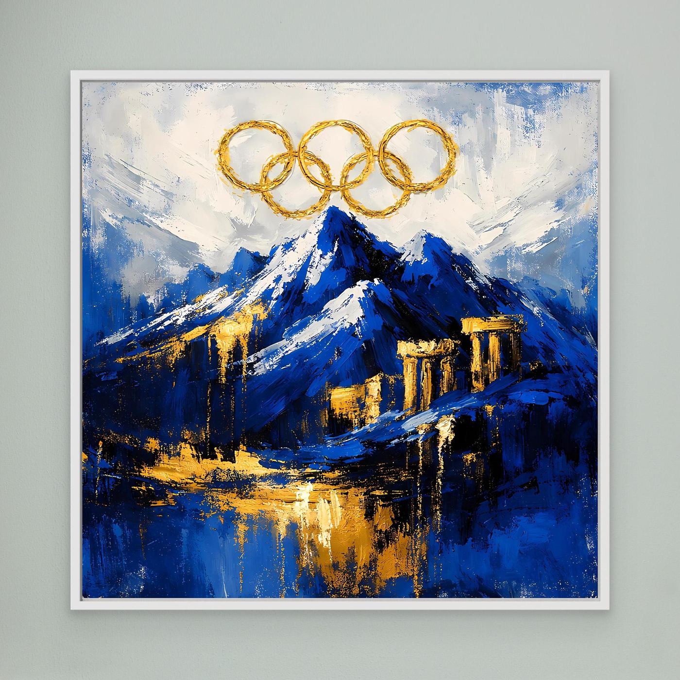 Leinwand Olympischer Geist am Mount Olympus | Abstraktes Berge Wandbild Gold Blau