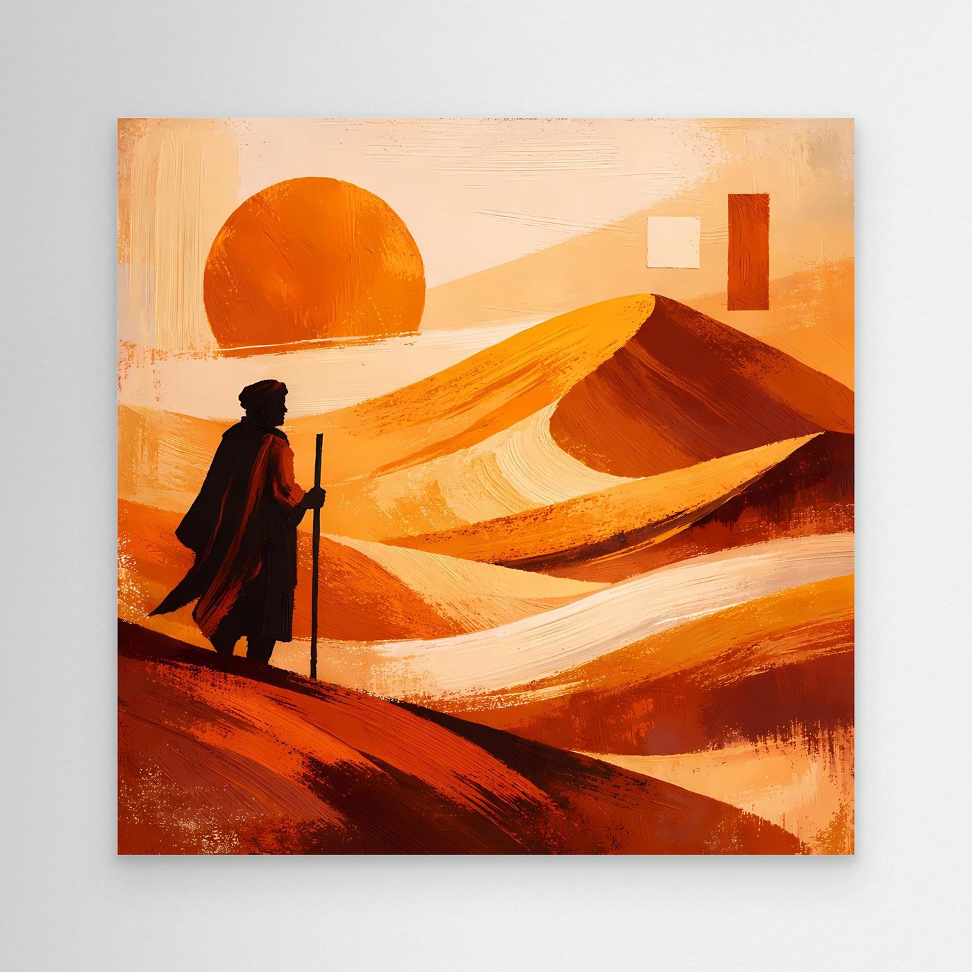 Abstraktes Leinwandbild mit Wüstenlandschaft: orange Sonne, Figur mit Stab auf Dünen