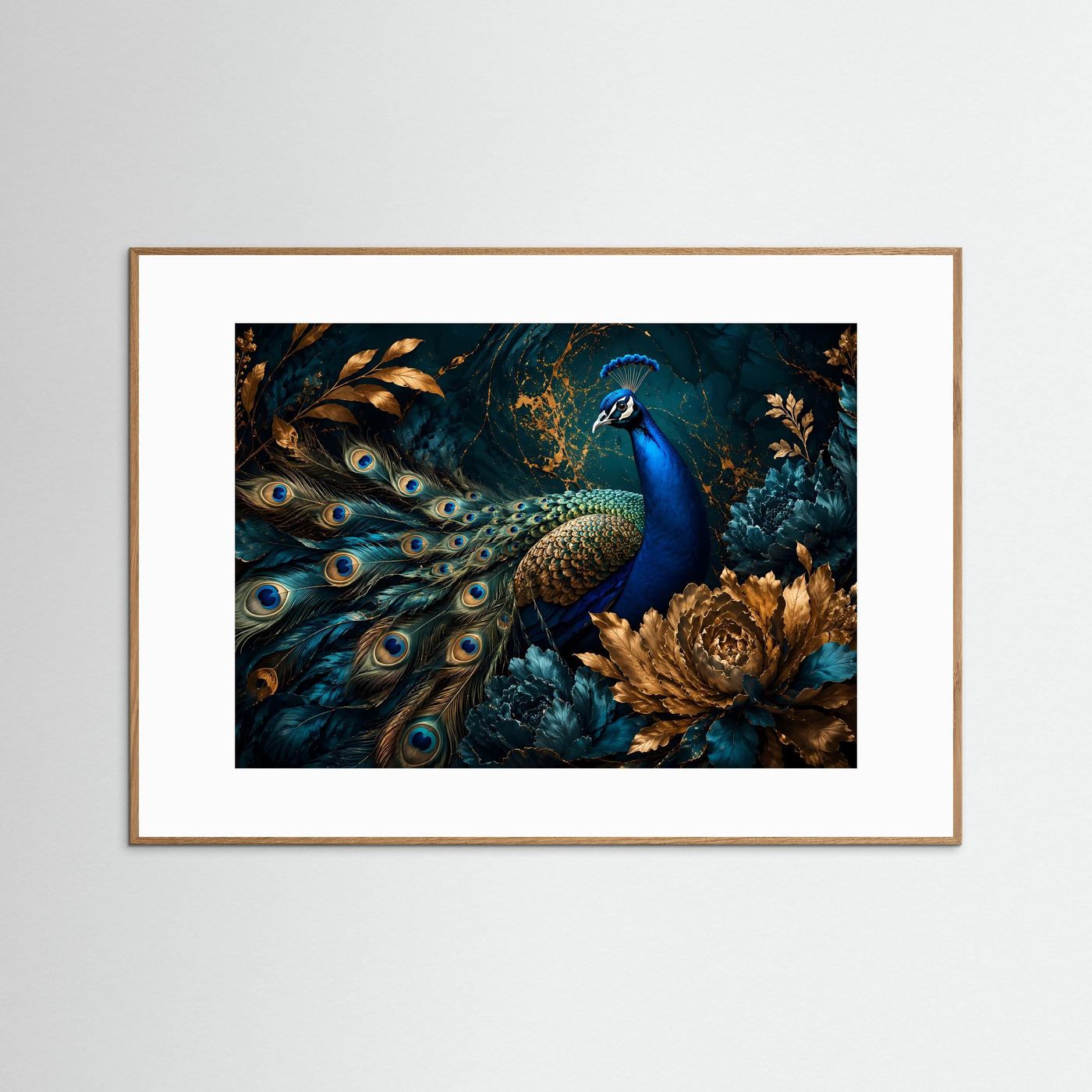Majestätischer Pfau mit goldenen Akzenten | Edle Tierkunst & Petrol Poster