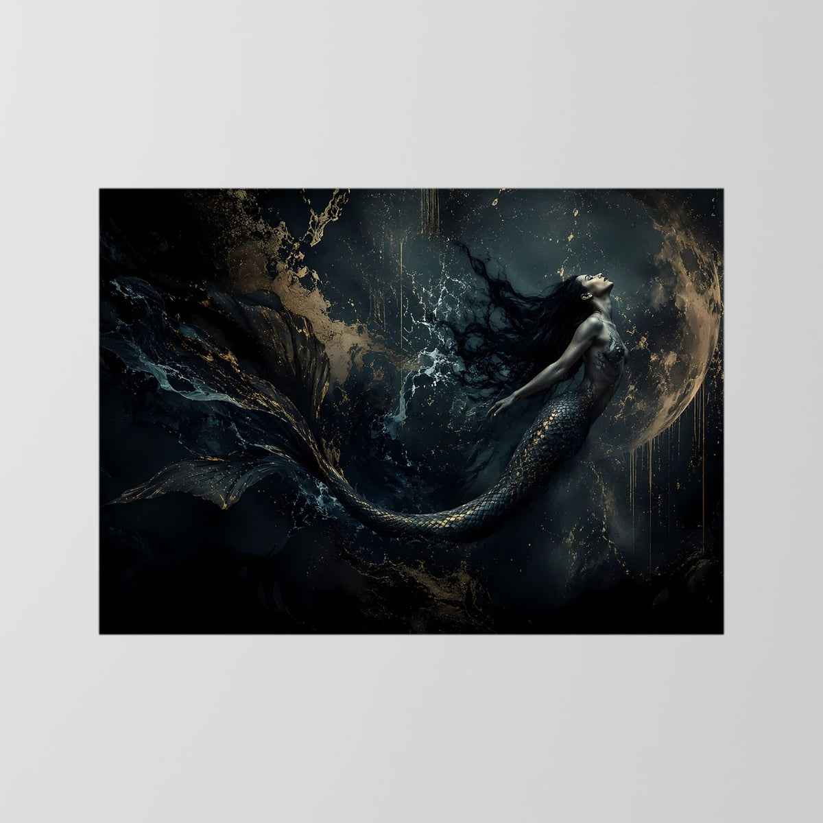 Querformatiges Fantasy-Wandbild mit Meerjungfrau, schwarz-gold, mit schwarzer Umrandung