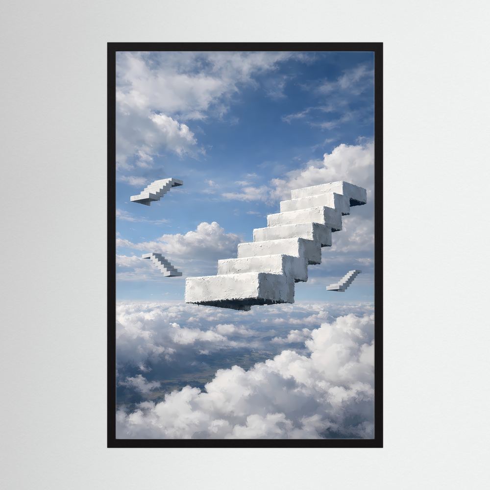 Hochformatiges Poster mit schwebender Treppe über Wolken, schwarzer Rahmen