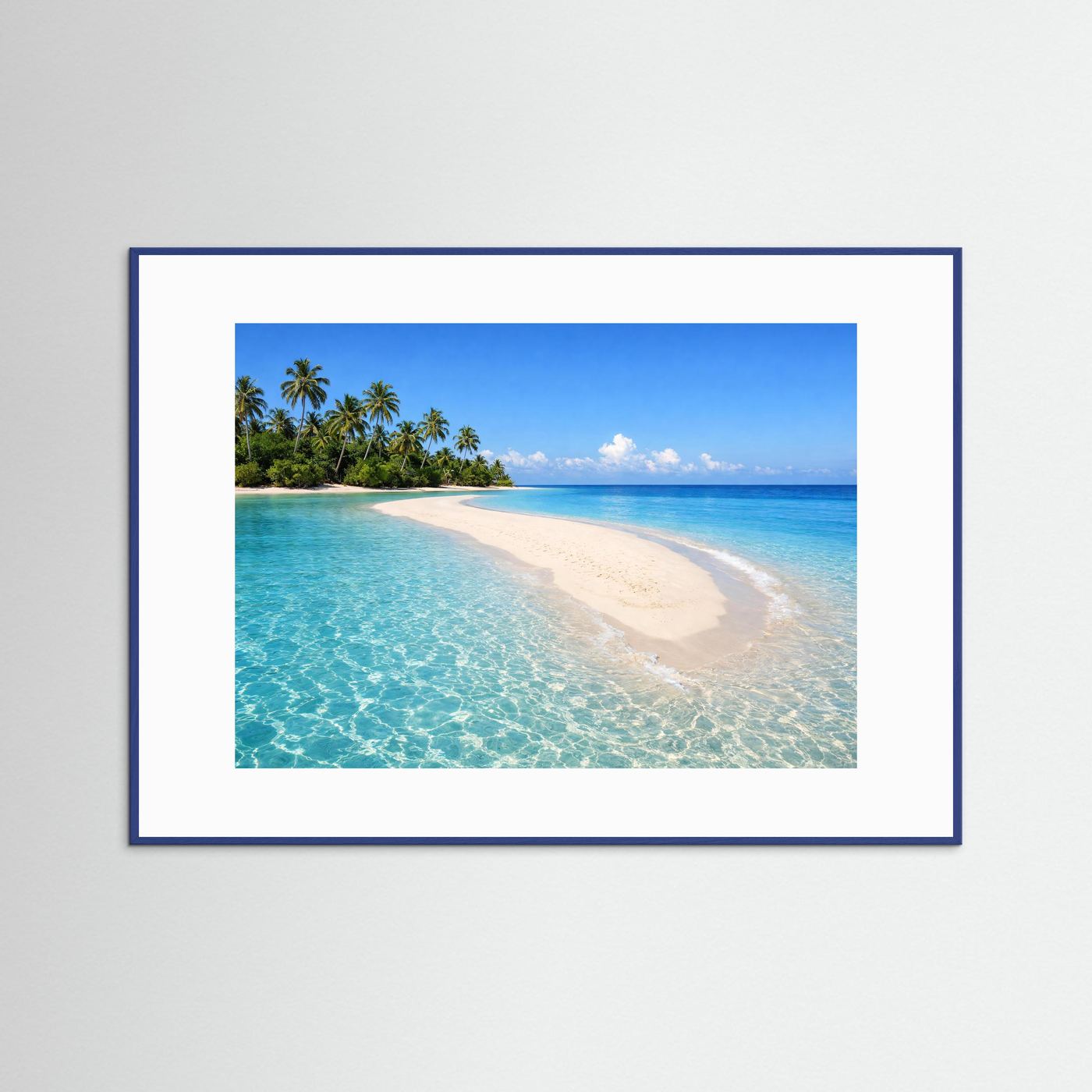Tropenstrand-Panorama-Poster mit Sandbank, blauer Rahmen