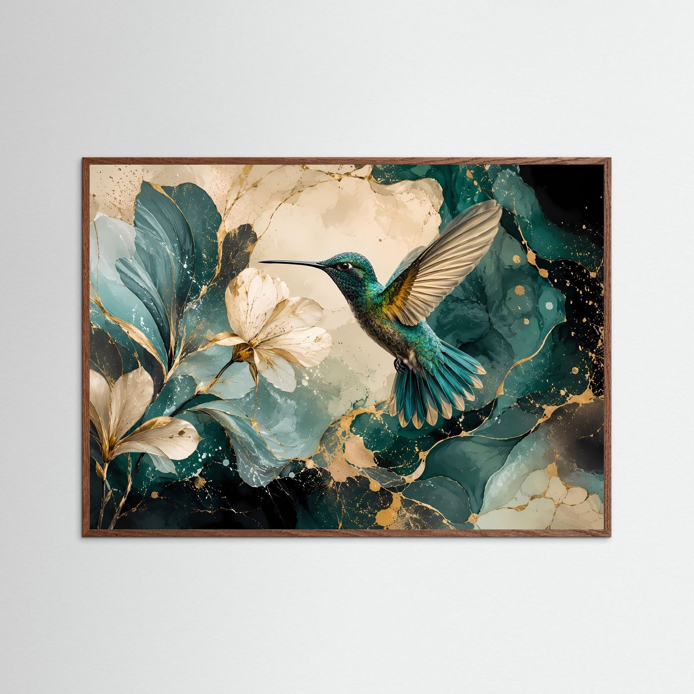 Kolibri mit Magnolienblüten Poster | Elegante Vogelkunst in Türkis Gold Modernes Blumen Wandbild Querformat