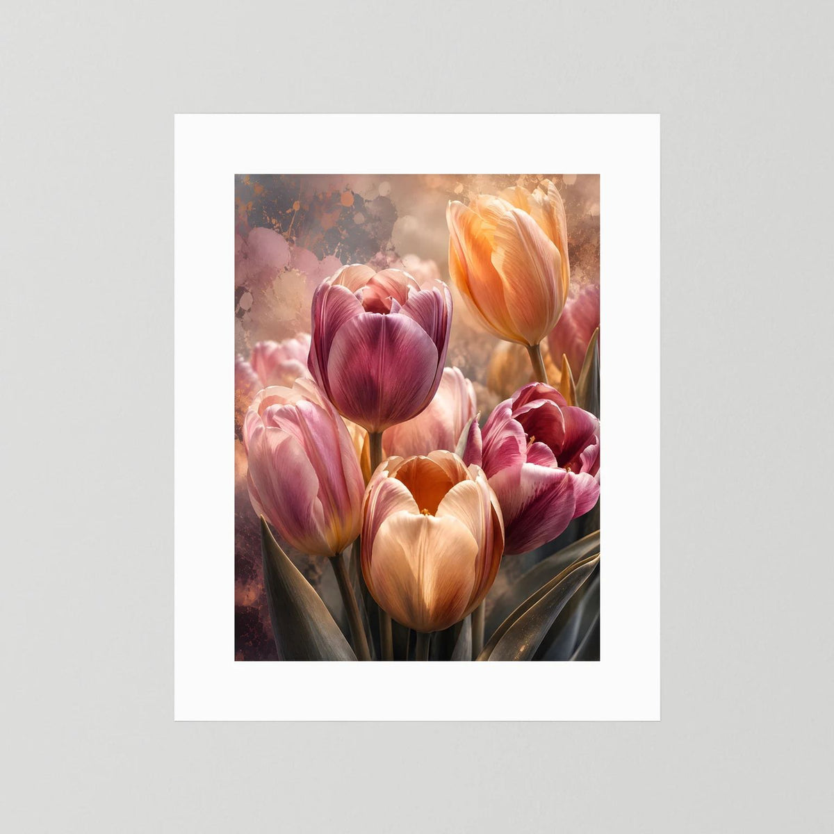 Tulpenposter mit weißem Passepartout, rosa und apricotfarbene Tulpenblüten.