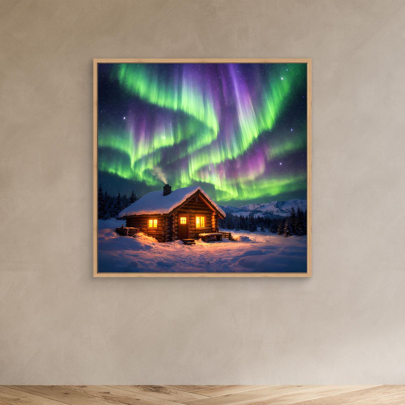 Leinwandbild mit Polarlichtern und Hütte im Winter im Eichenrahmen, warmes Innenlicht