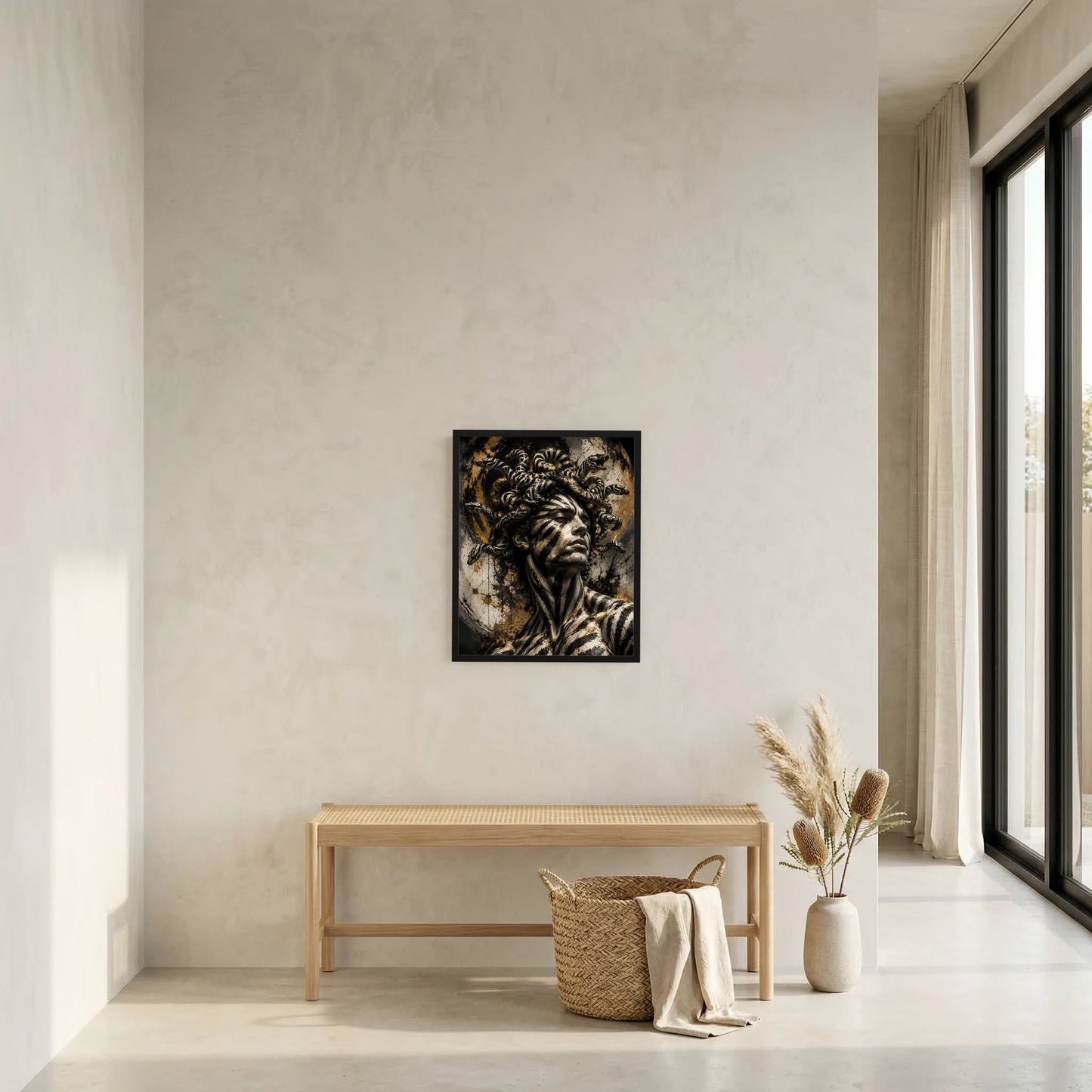 Gerahmtes Schwarz-Gold-Gorgonenkrieger-Poster an der Wand
