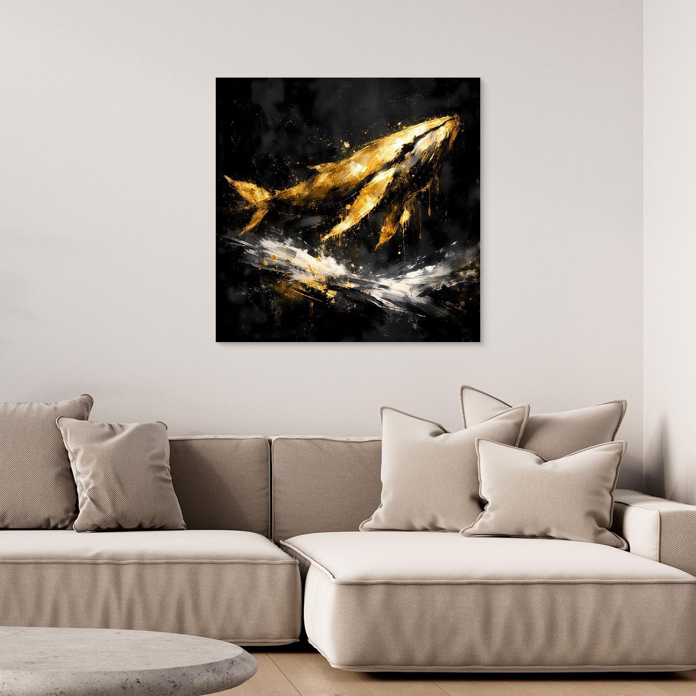 Leinwand Majestätischer Wal in Gold und Schwarz | Modernes Abstraktes Meeres Wandbild
