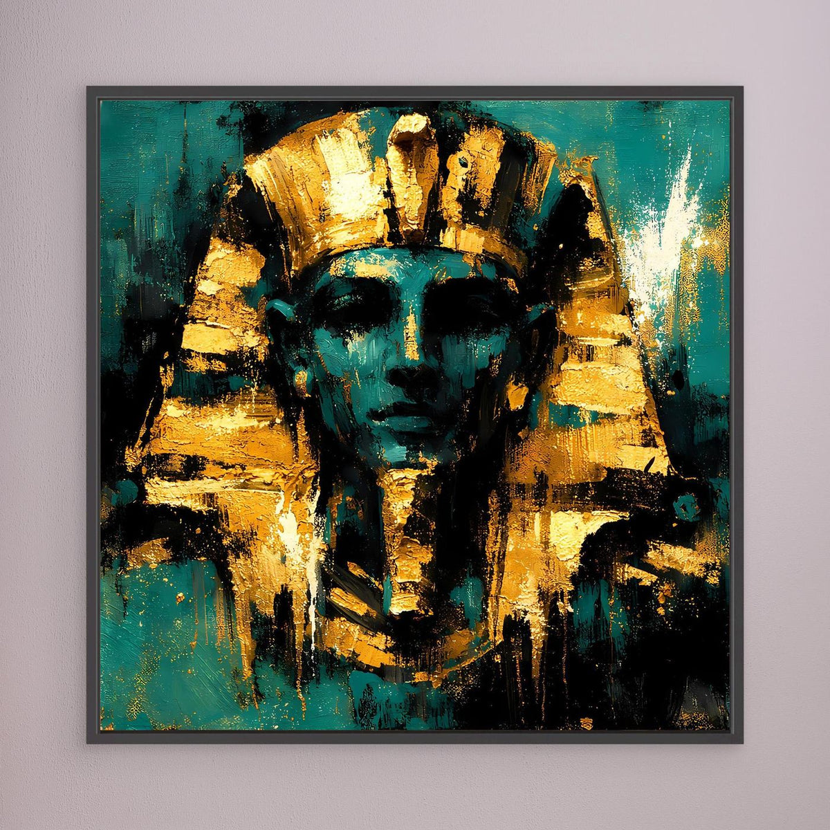 Gerahmtes Leinwand-Wandbild mit abstrahiertem Pharao in Türkis und Gold, schwarzer Rahmen