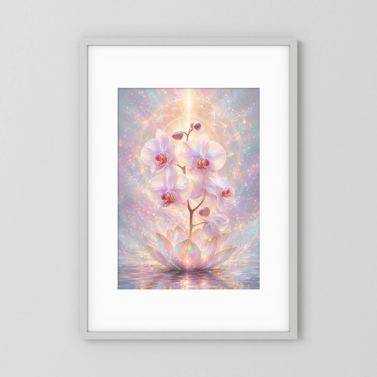 Hochformatiges Poster mit Lotus- und Orchideenblüten in Pastell mit goldenen Akzenten