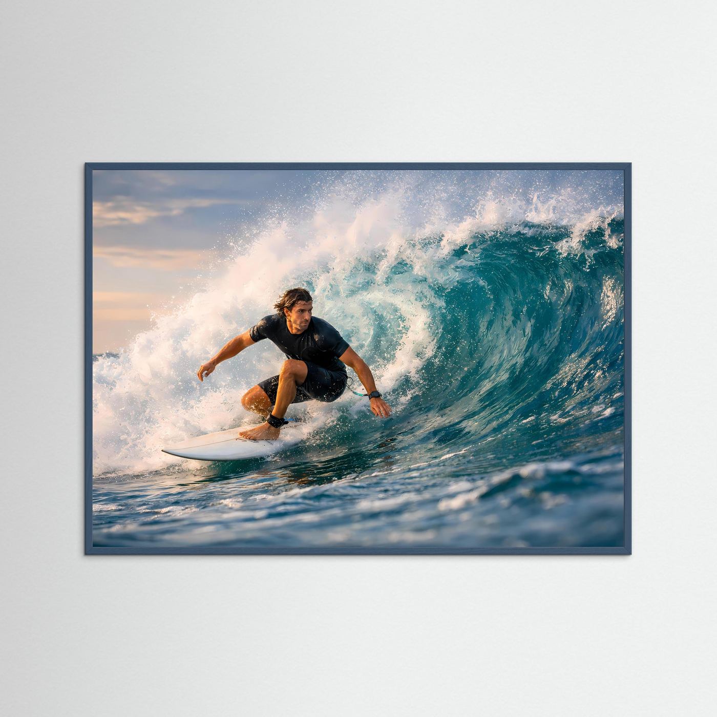 Surfer-Panorama-Poster im Querformat mit blauem Holzrahmen, dynamisches Wellenfoto