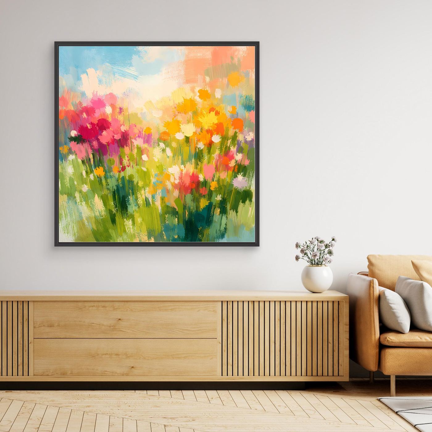 Leinwand Abstrakte Sommerwiese mit Wildblumen | Modernes Blumen Wandbild Bunt