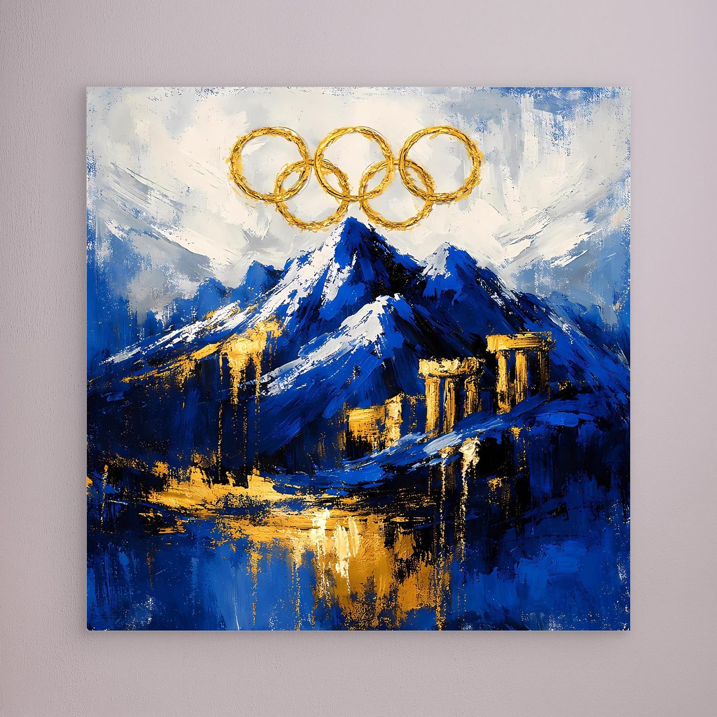 Leinwand Olympischer Geist am Mount Olympus | Abstraktes Berge Wandbild Gold Blau