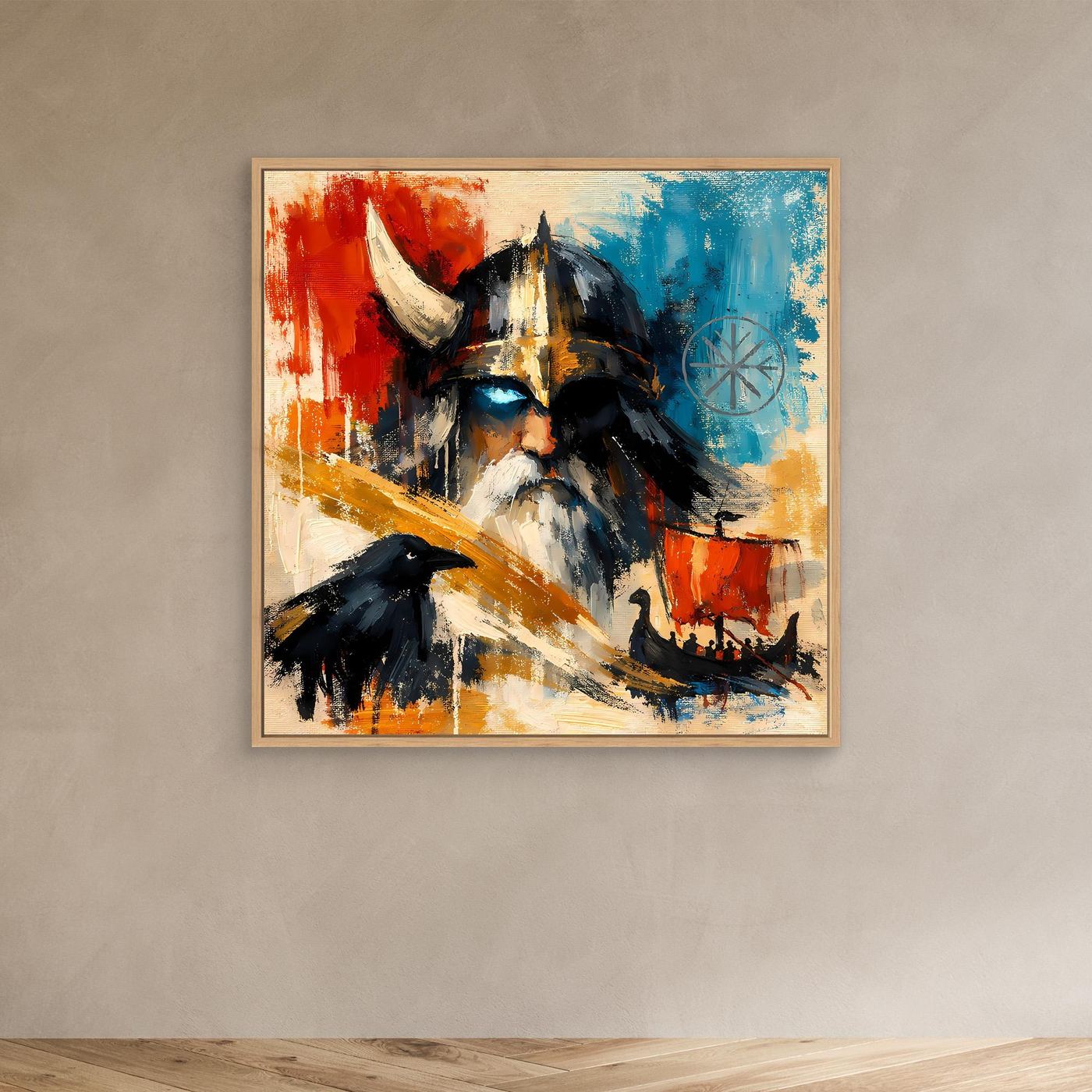 White-framed Nordic wall art featuring a Viking warrior with raven in red and blue.