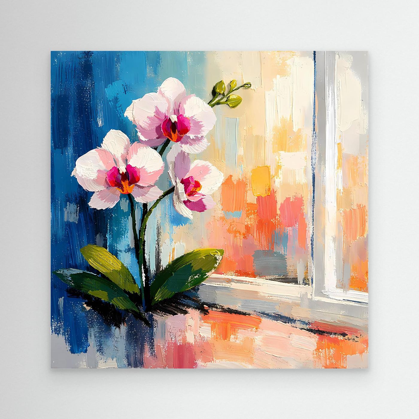 Nahaufnahme: Leinwandbild mit abstrakten Orchideen am Fenster, rosa Blüten, grüne Blätter, weiß gerahmt.