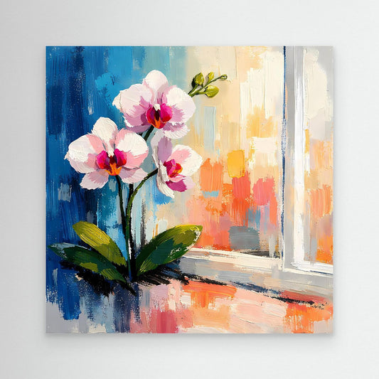 Nahaufnahme: Leinwandbild mit abstrakten Orchideen am Fenster, rosa Blüten, grüne Blätter, weiß gerahmt.