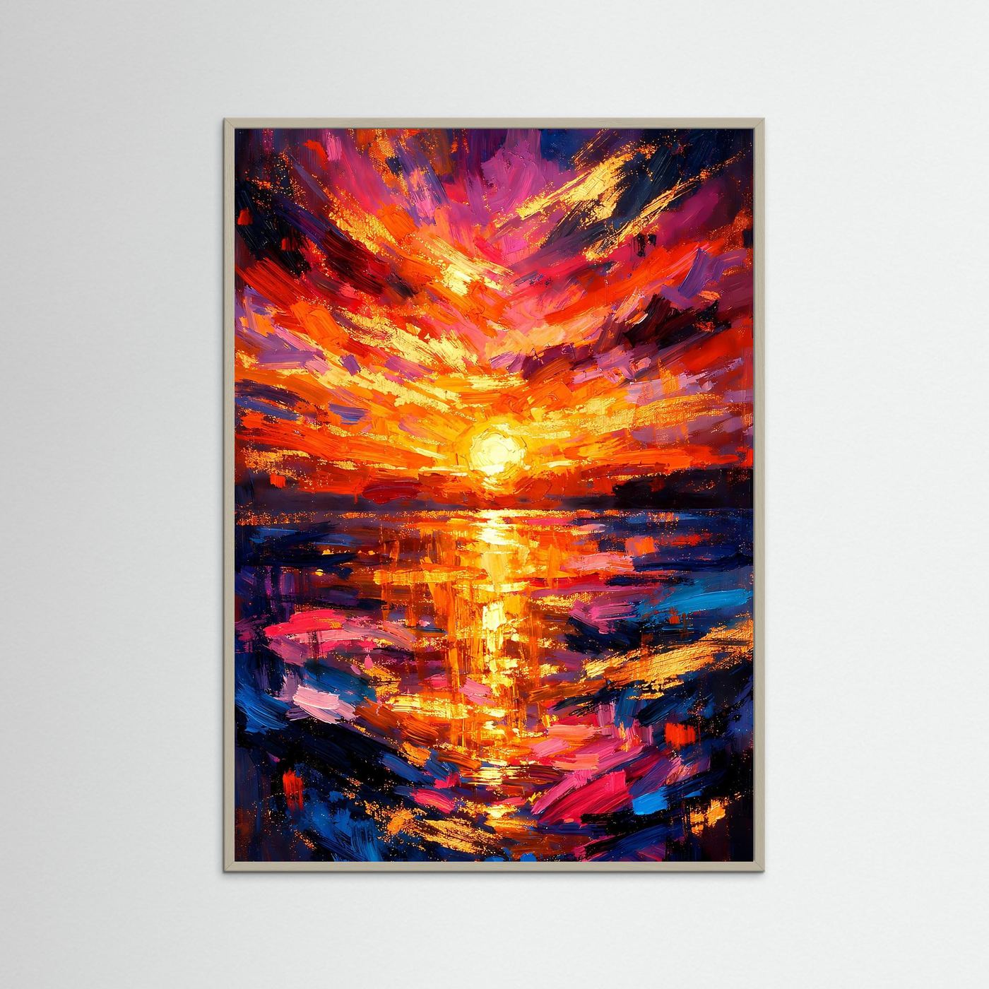 Poster im grauen Rahmen: abstraktes Sonnenuntergangsmeer mit Spiegelung, Gold, Orange & Blau