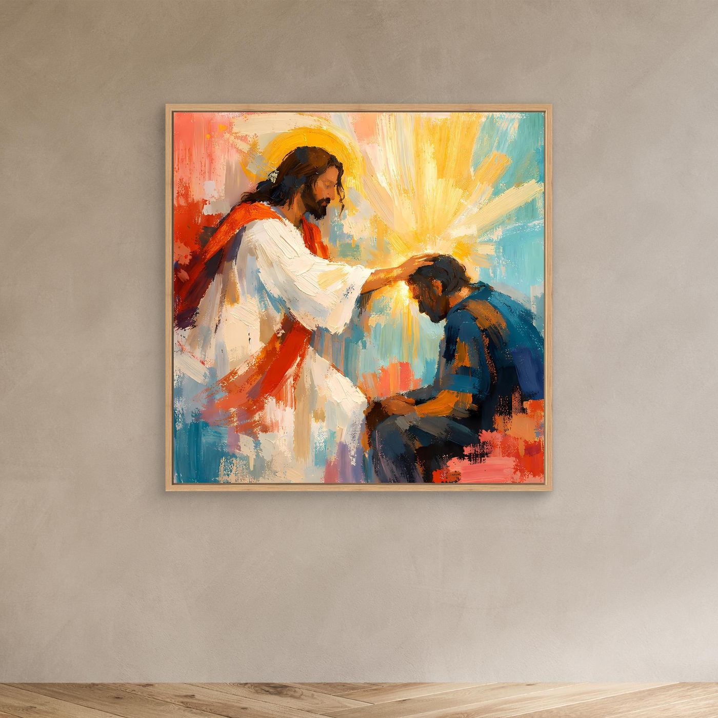 Oak-framed canvas wall art showing Jesus blessing a man in colorful brushstrokes