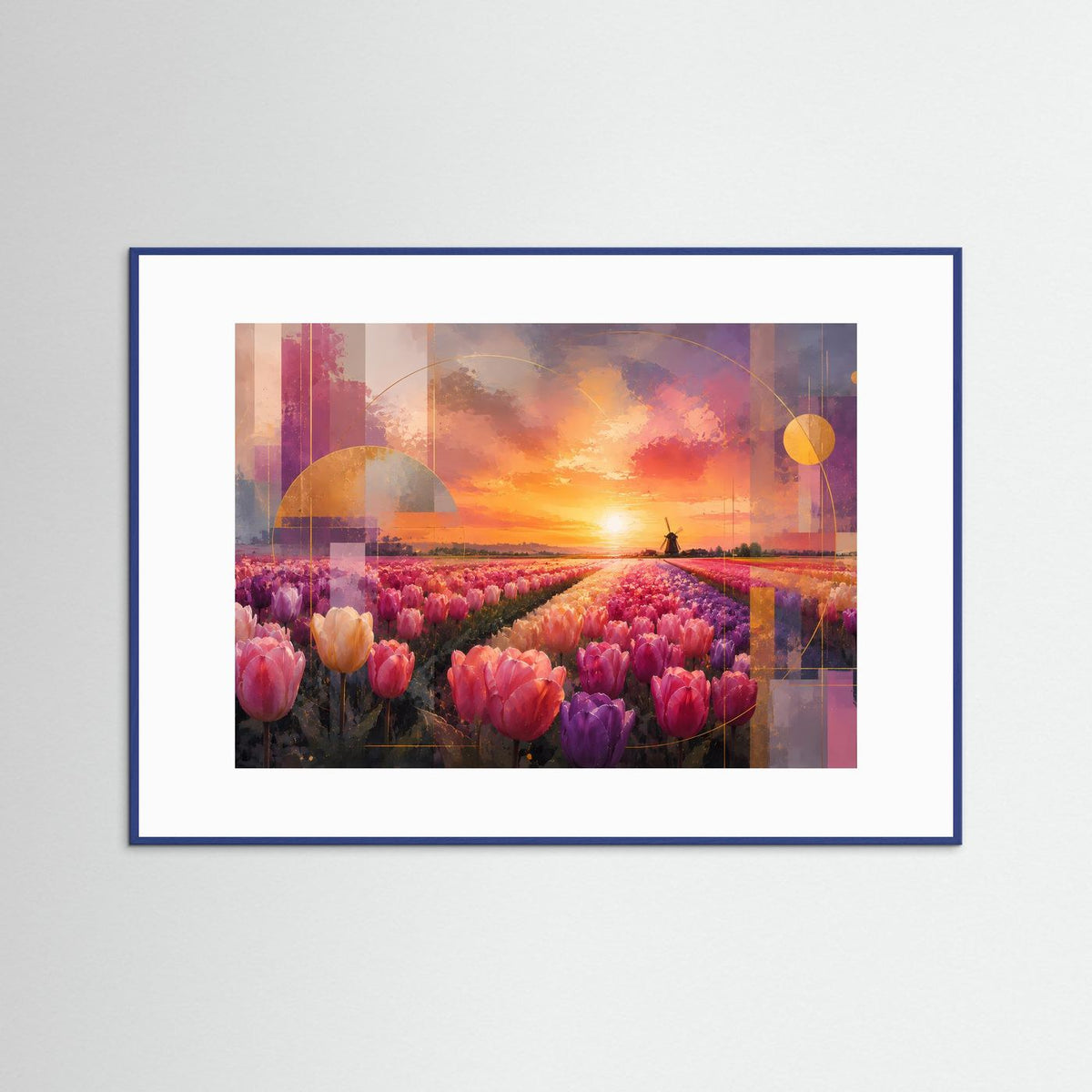 Querformat-Poster mit rosa Tulpenfeld, goldenem Sonnenuntergang und abstrahierter Windmühle im Bild
