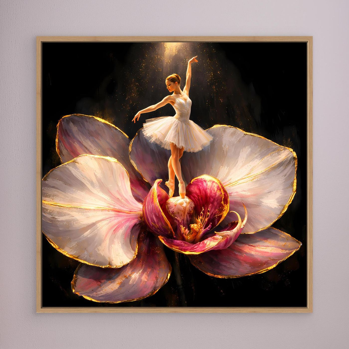 Premium Leinwand Elegante Ballerina auf Orchidee | Abstraktes Ballett Wandbild mit Goldakzenten