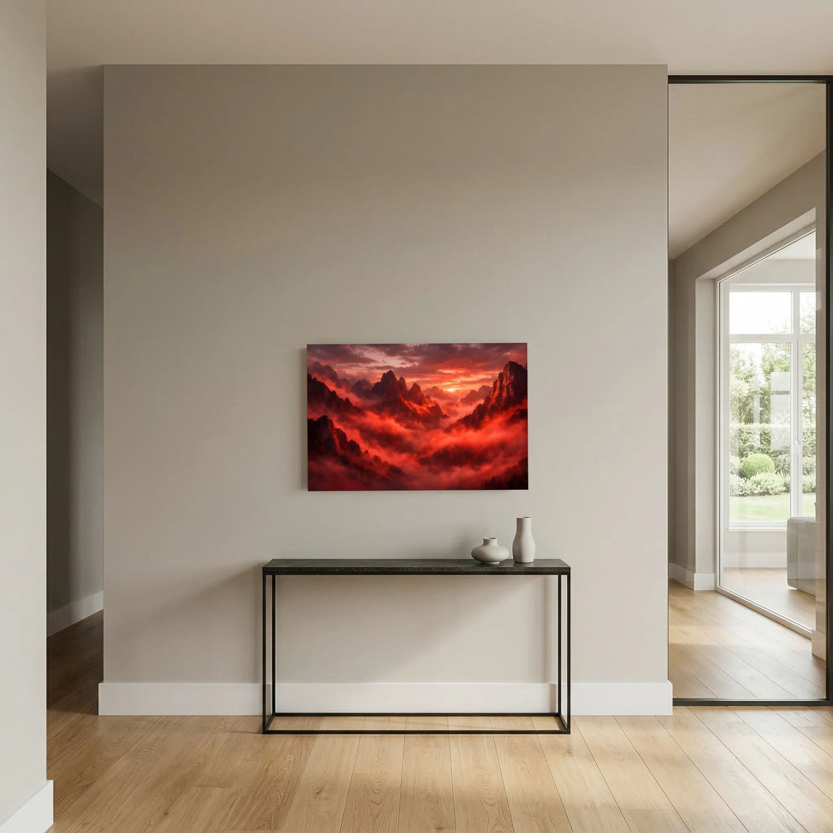 Wandbild im Querformat mit roten Bergen und Nebel, Abendsonne zwischen Felsgipfeln