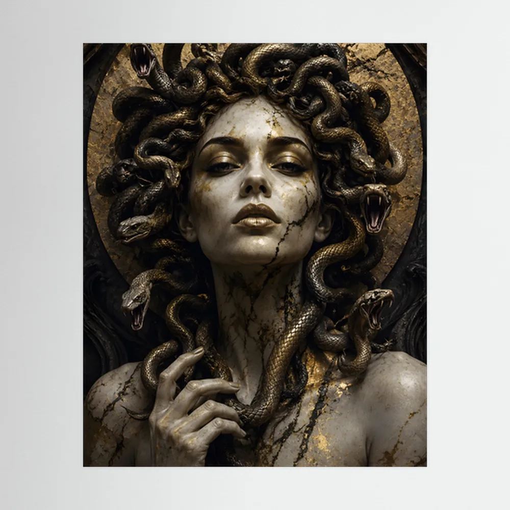 Medusa-Porträtposter in Schwarz und Gold mit Schlangenhaaren, Hochformat