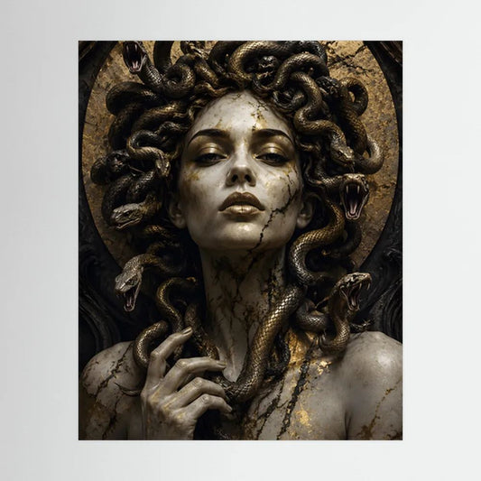 Medusa-Porträtposter in Schwarz und Gold mit Schlangenhaaren, Hochformat