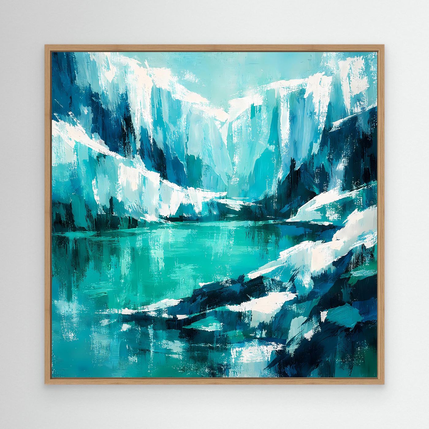 Abstraktes Leinwand-Wandbild mit Eisbergen und türkisfarbenem Wasser, mit Eichenrahmen