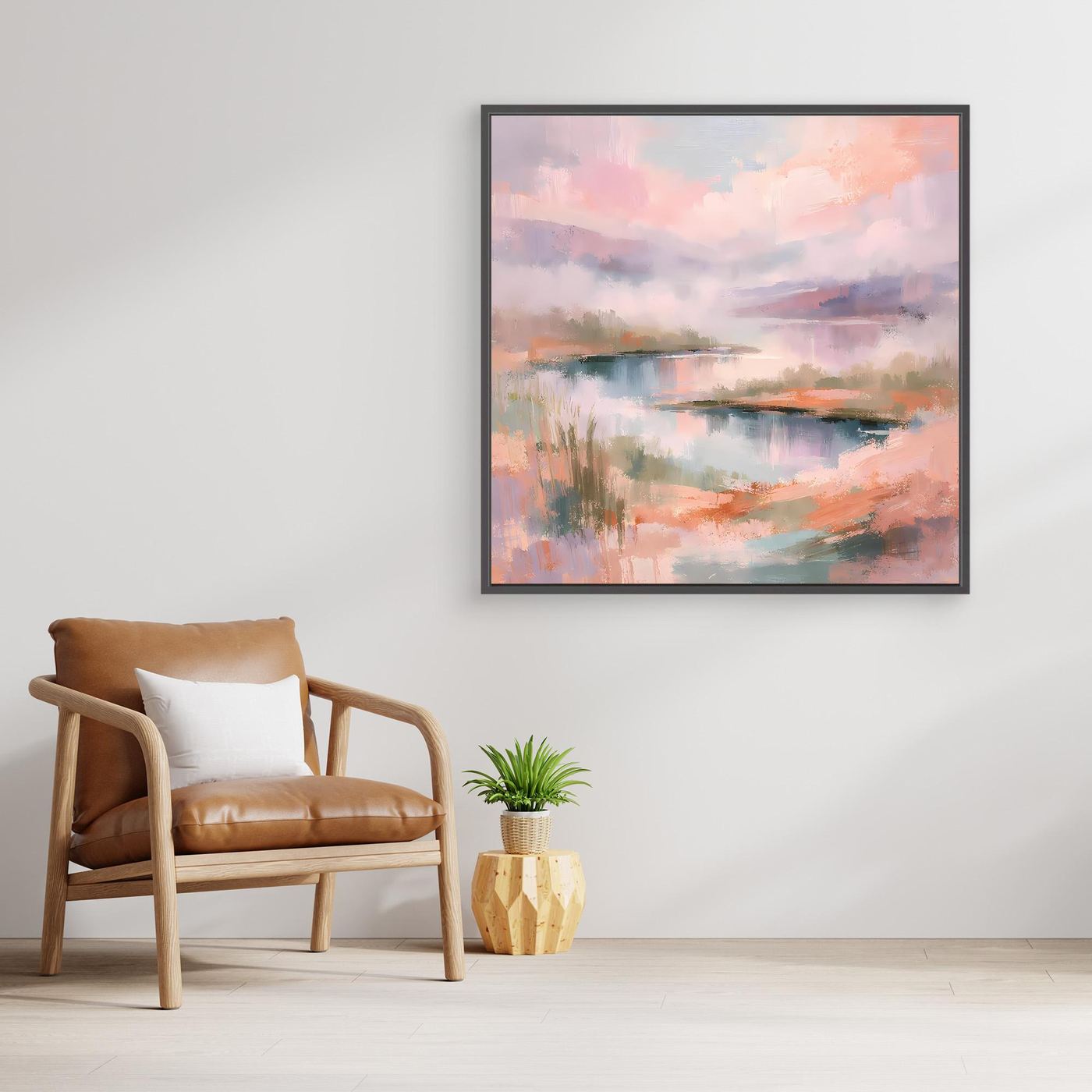 Abstraktes Pastell-Leinwandbild mit Seenlandschaft, rechteckig, schwarzer Bilderrahmen