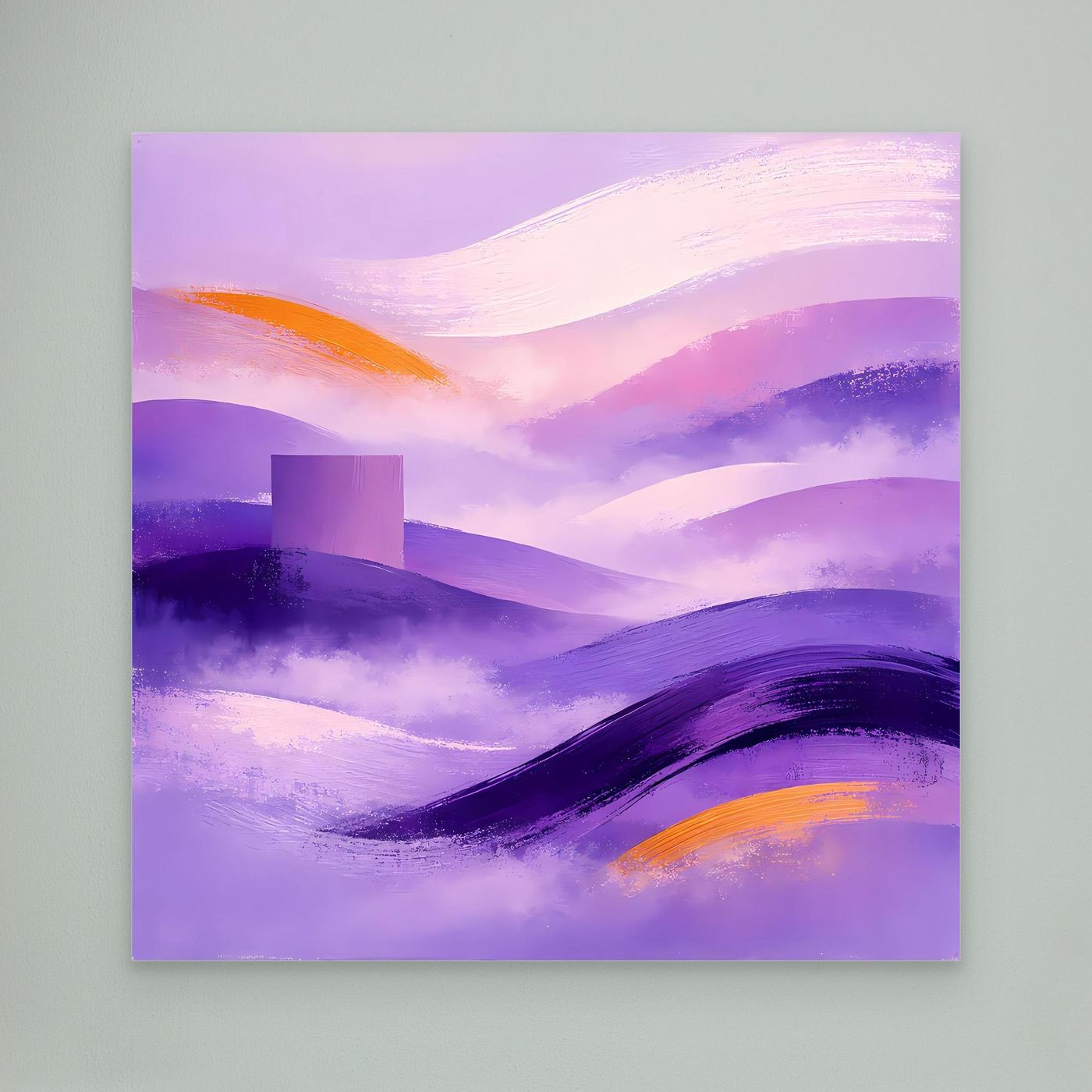 Abstraktes Leinwandbild mit Berglandschaft in Flieder und Violett, orangefarbene Akzente