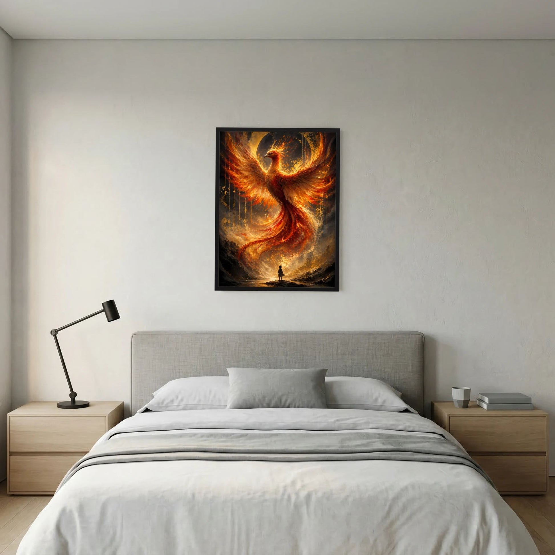 Hochformat-Poster mit Phönix aus Feuer, Gold und Orange, schwarzer Rahmen
