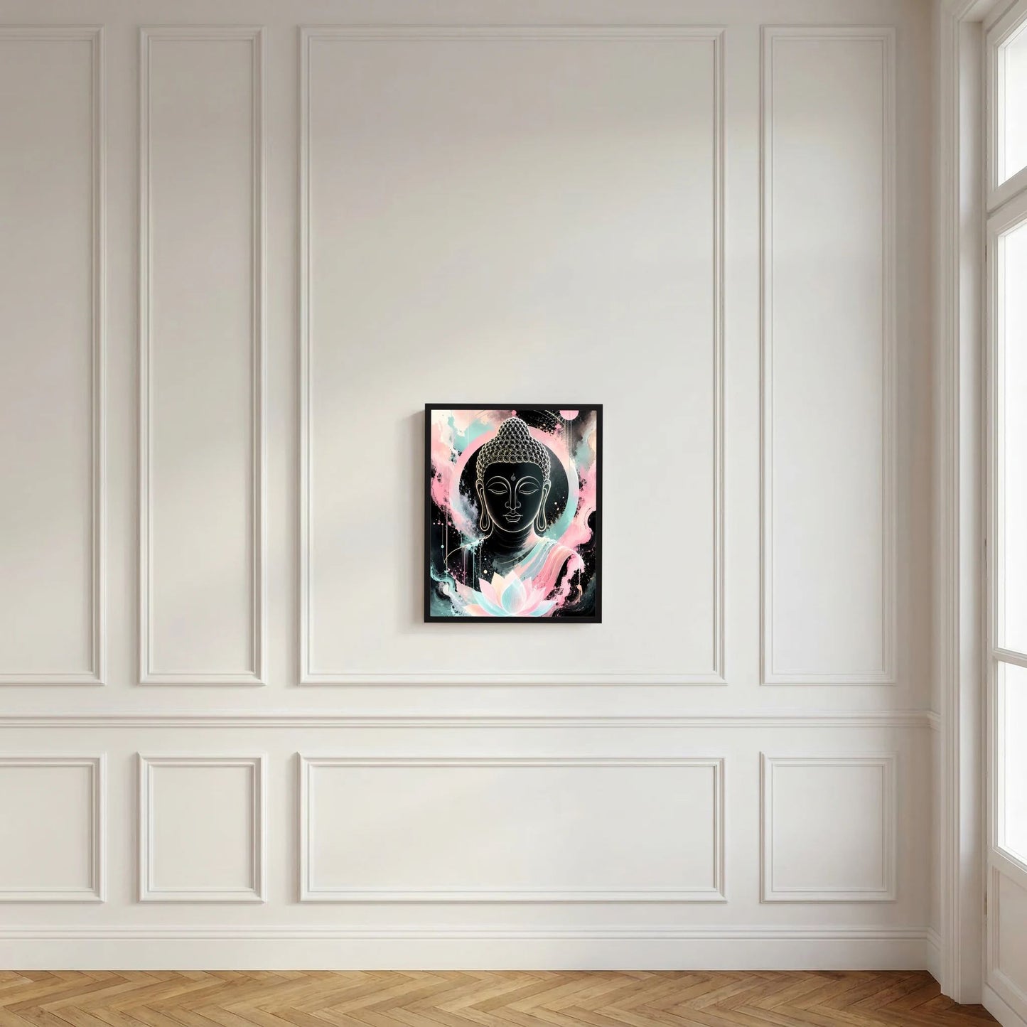 Buddha-Poster im Hochformat mit schwarzer Buddhafigur und Lotusblüte in Pastellfarben an Wand