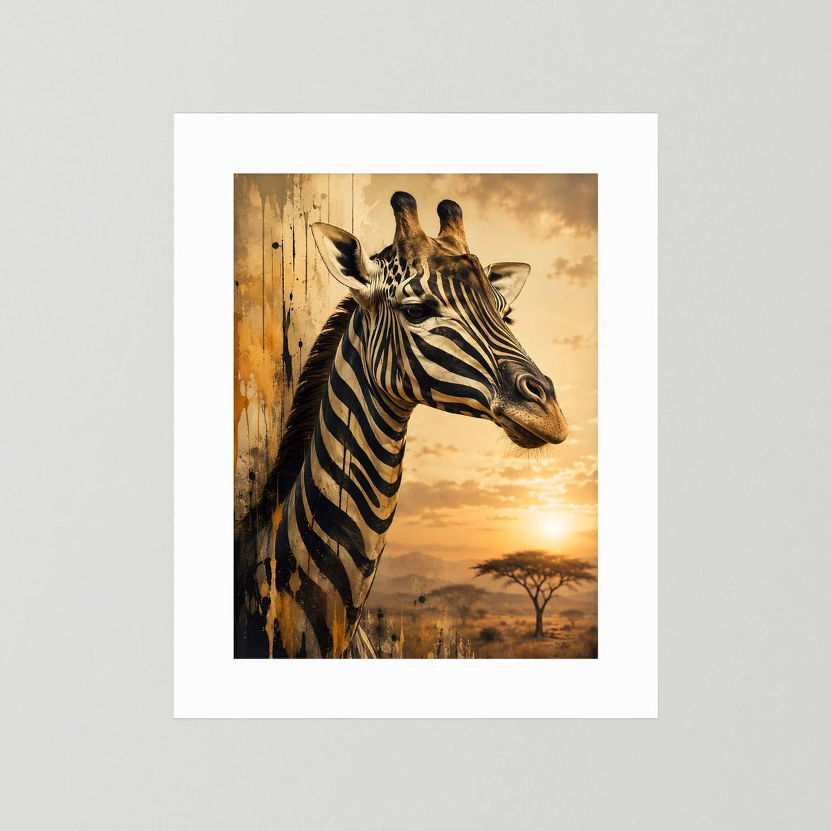 Tierposter im Hochformat: Giraffe im Zebra-Look, ohne Rahmen im weißen Passepartout