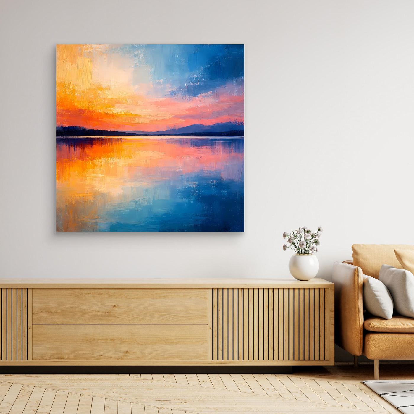 Rechteckiges Wandbild auf Leinwand mit abstrakter Spiegelung am See, Sonnenuntergang in Blau und Orange