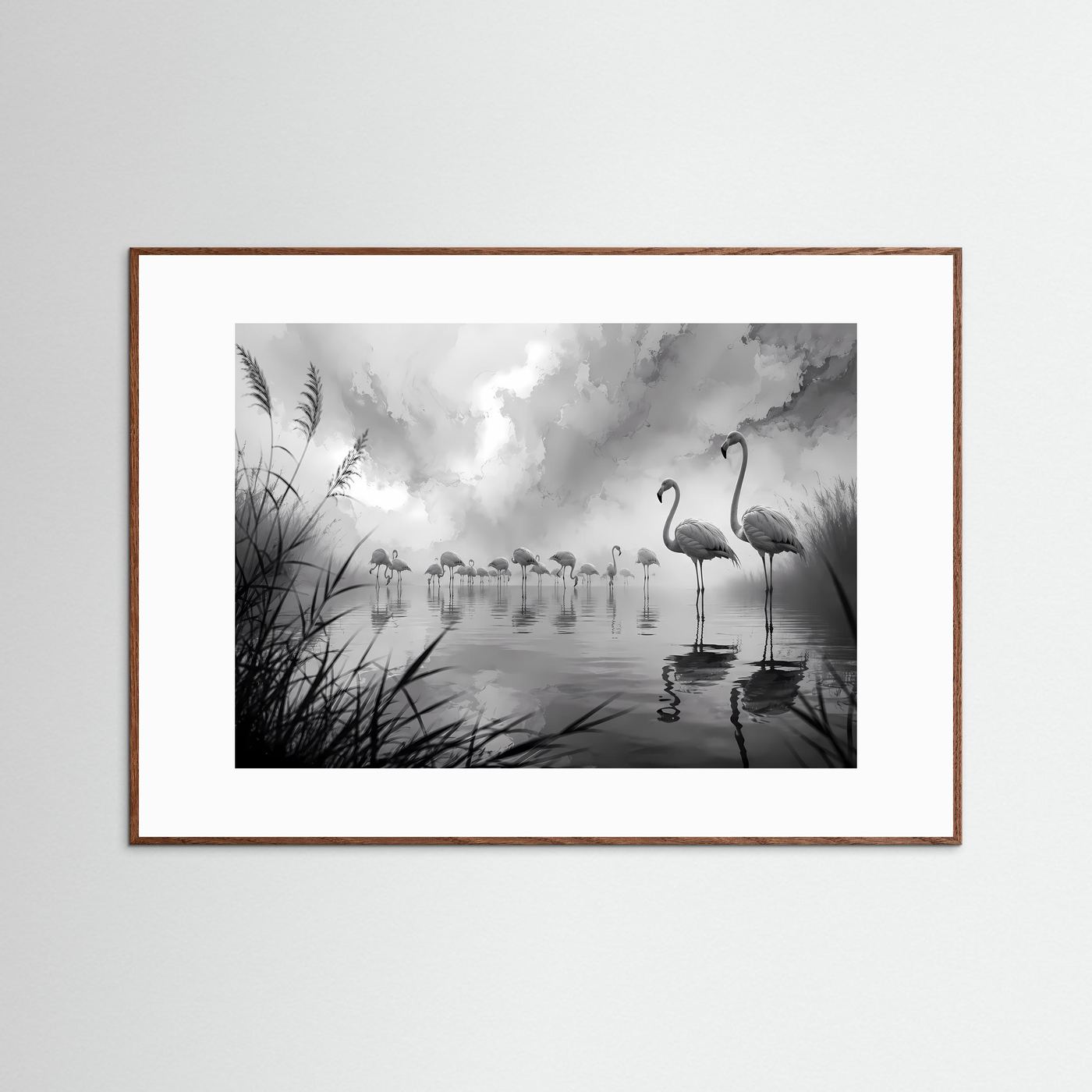 Flamingos im Nebel Schwarz-Weiß | Elegante Natur Wandkunst