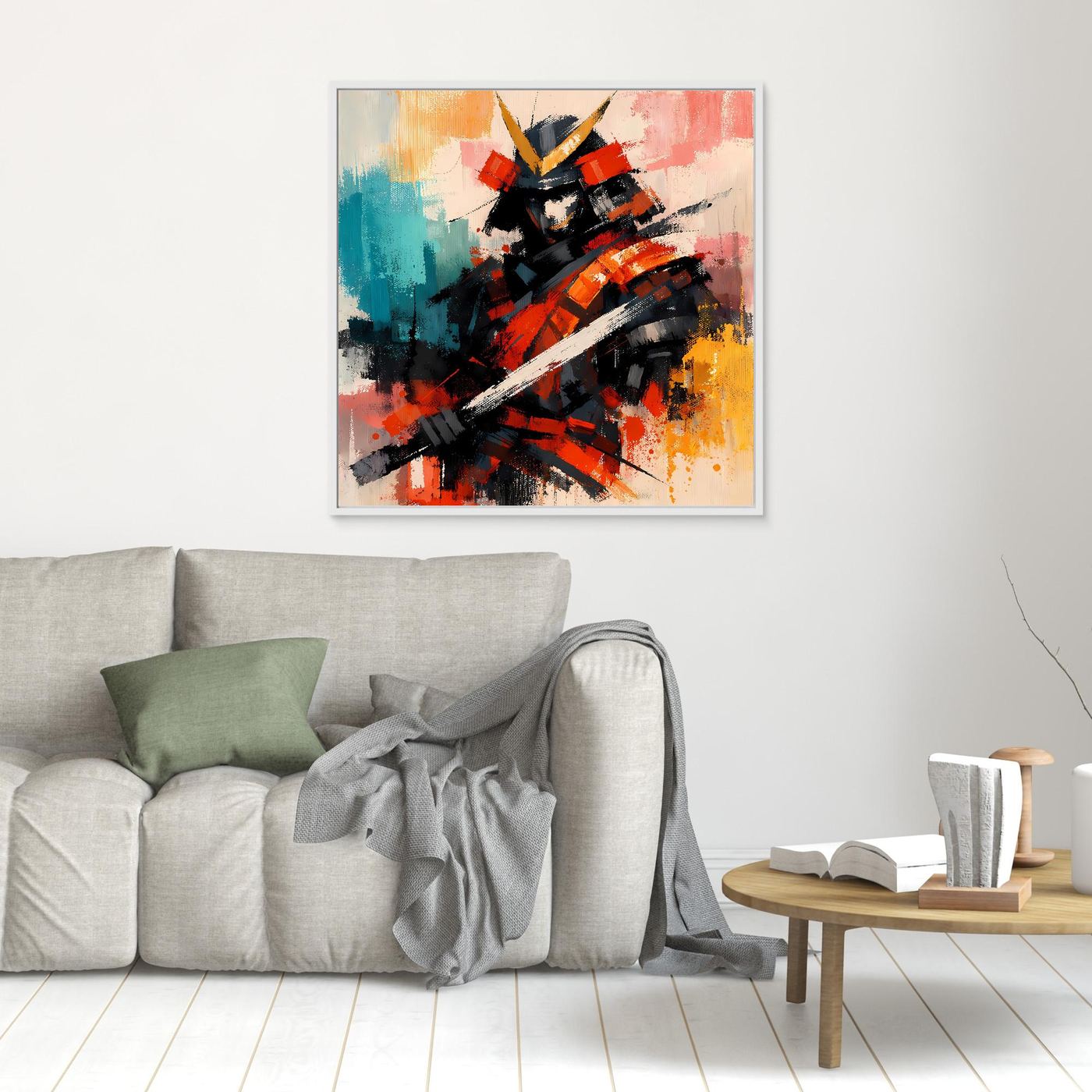 Leinwand-Wandbild mit abstraktem Samurai-Krieger, weißer Rahmen