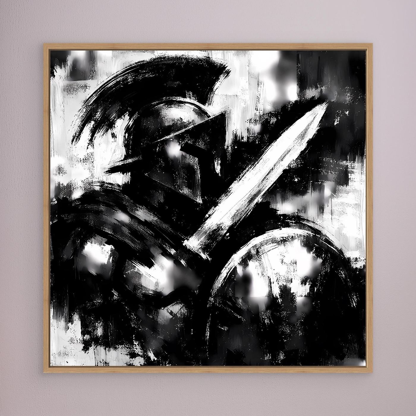 Abstraktes Wandbild Schwarzweiß mit Pinselstrichen, Holzrahmen