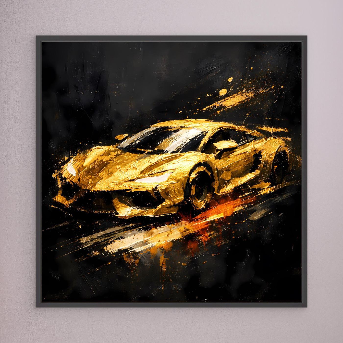 Leinwand Goldener Sportwagen Abstrakt | Modernes Rennwagen Wandbild Schwarz Gold