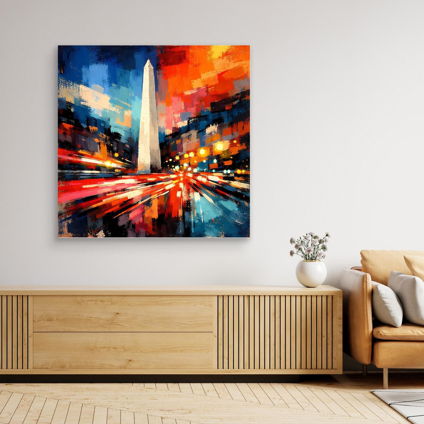 Quadratisches Leinwand-Wandbild mit abstraktem Obelisk-Motiv, naturfarbener Holzrahmen