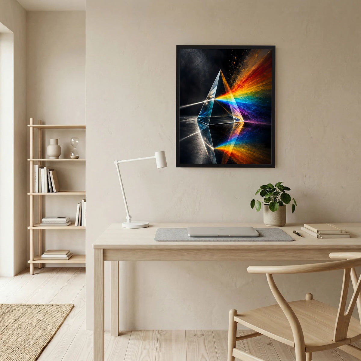 Poster im Hochformat mit Glasprisma und Regenbogenstrahlen, leuchtende Farben auf Schwarz.