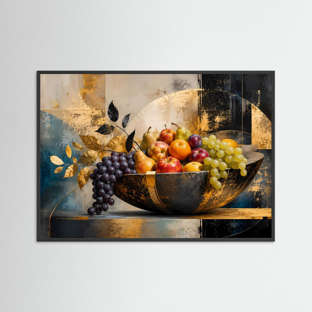 Poster mit Obstschale in schwarzem Rahmen: dunkle Schale mit goldenen Akzenten