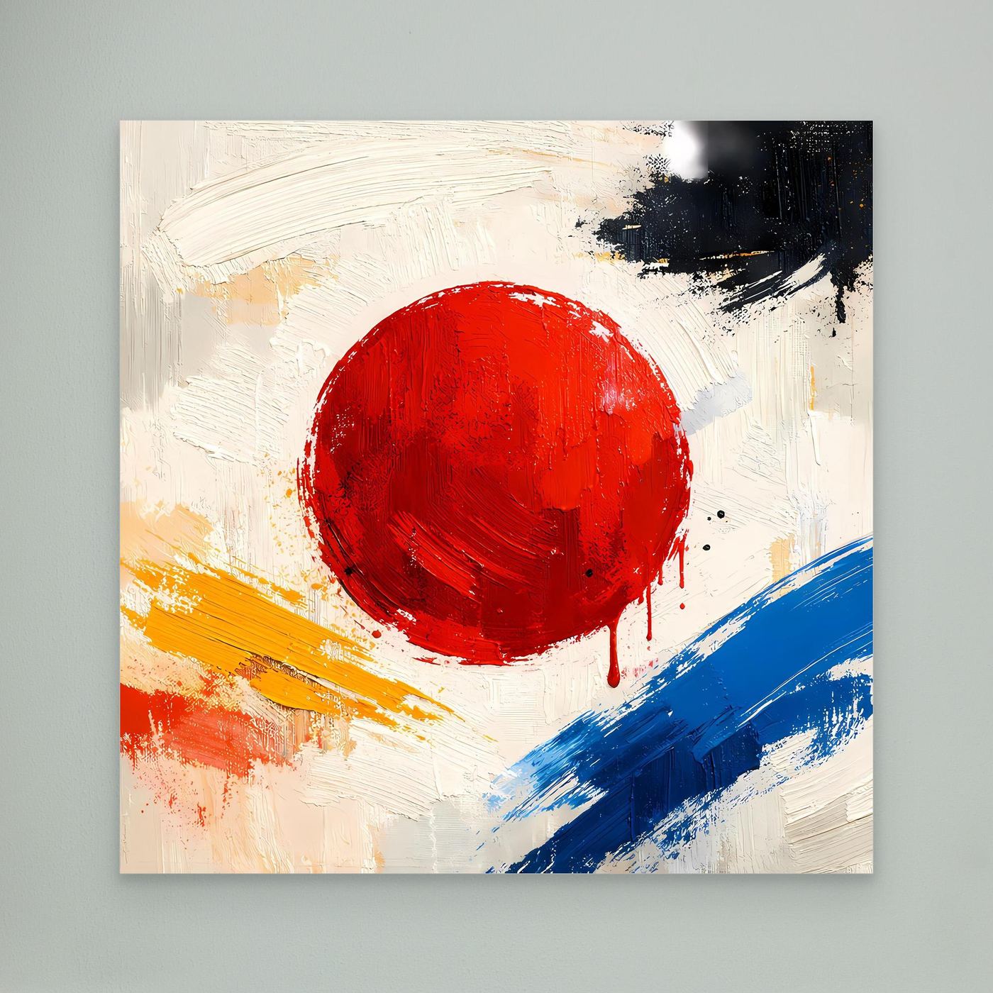 Abstract canvas wall art with large red circle, blue diagonal brushstrokes, black paint marks