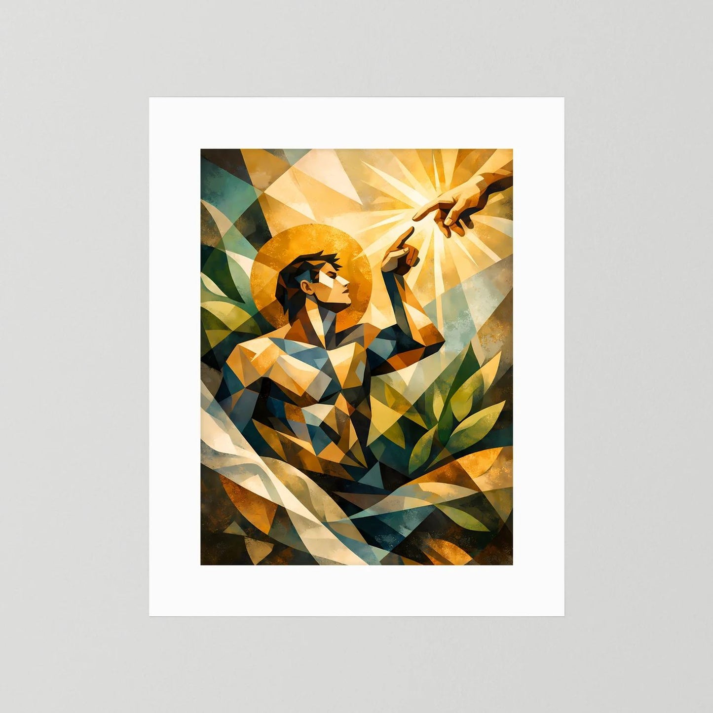 Poster im Hochformat mit weißem Rand und geometrischer Menschengestalt, goldene Strahlen