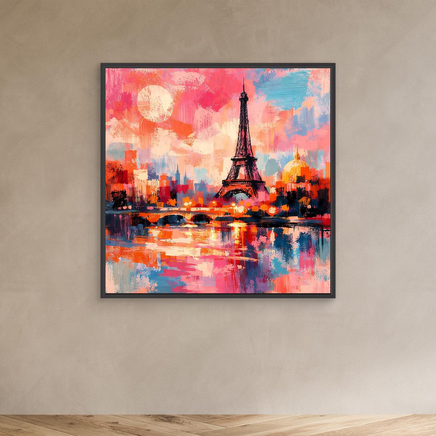 Abstraktes Leinwand-Wandbild mit Eiffelturm und Stadt, pink-blau, im schwarzen Rahmen