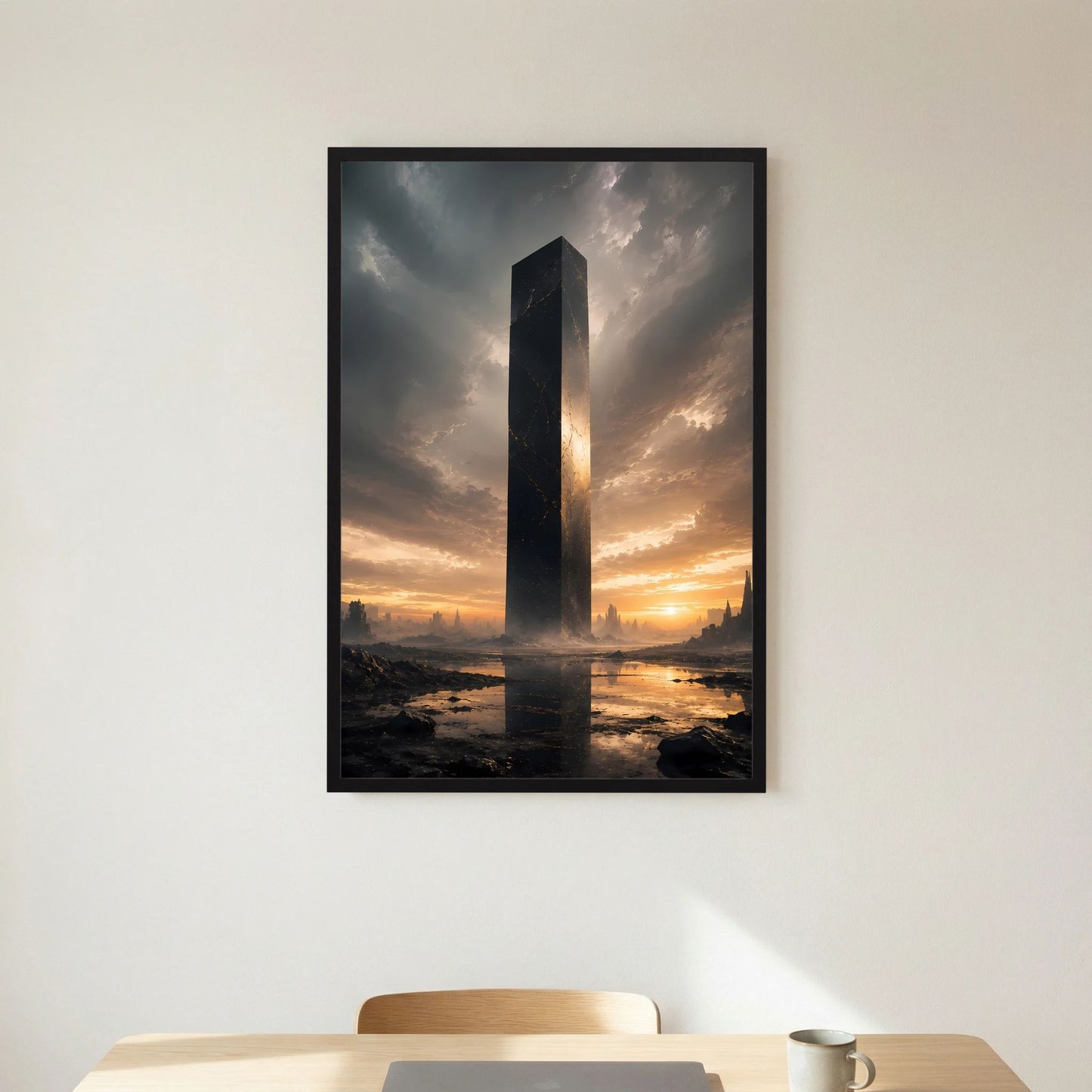 Gerahmtes Poster im Hochformat mit schwarzem Monolithen und Landschaft im Sonnenlicht