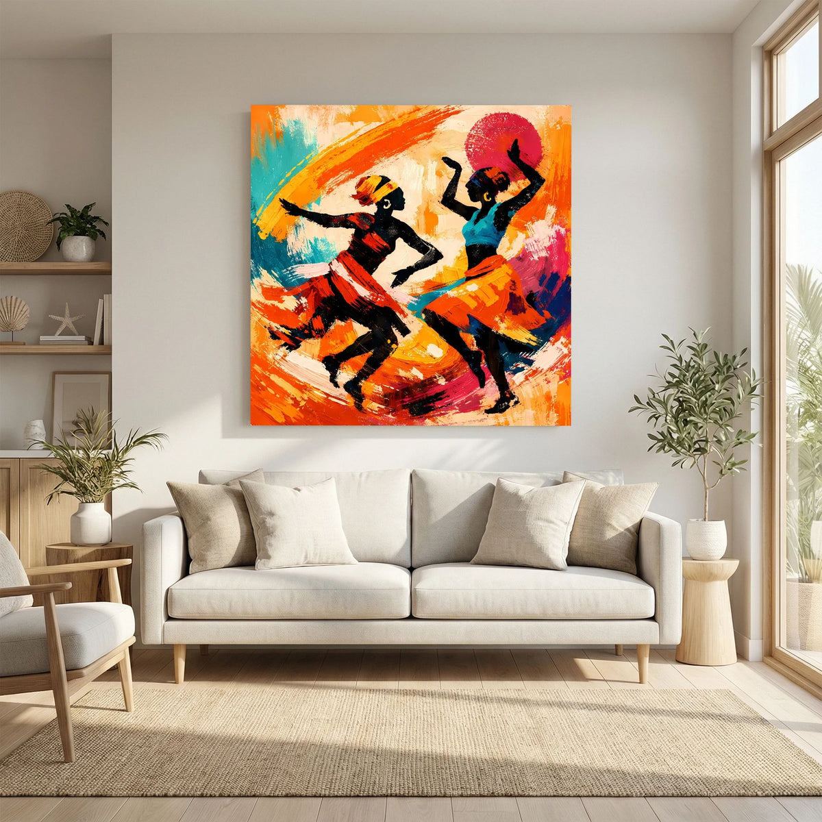 Wandbild auf Leinwand: tanzende Figuren in Schwarz und Blau vor orange-rotem Farbwirbel