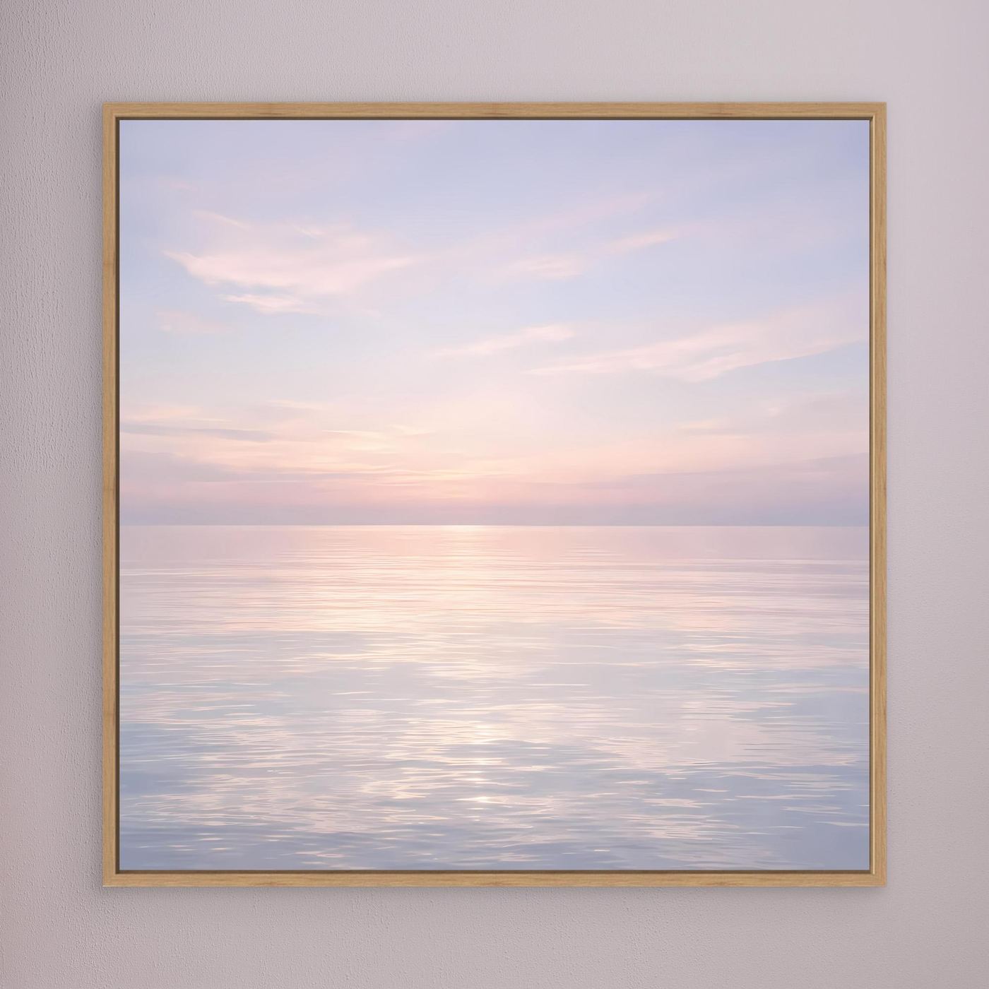 Leinwandbild mit Holzrahmen, ruhiges Pastellmeer mit Sonnenuntergang und spiegelnder Wasserfläche