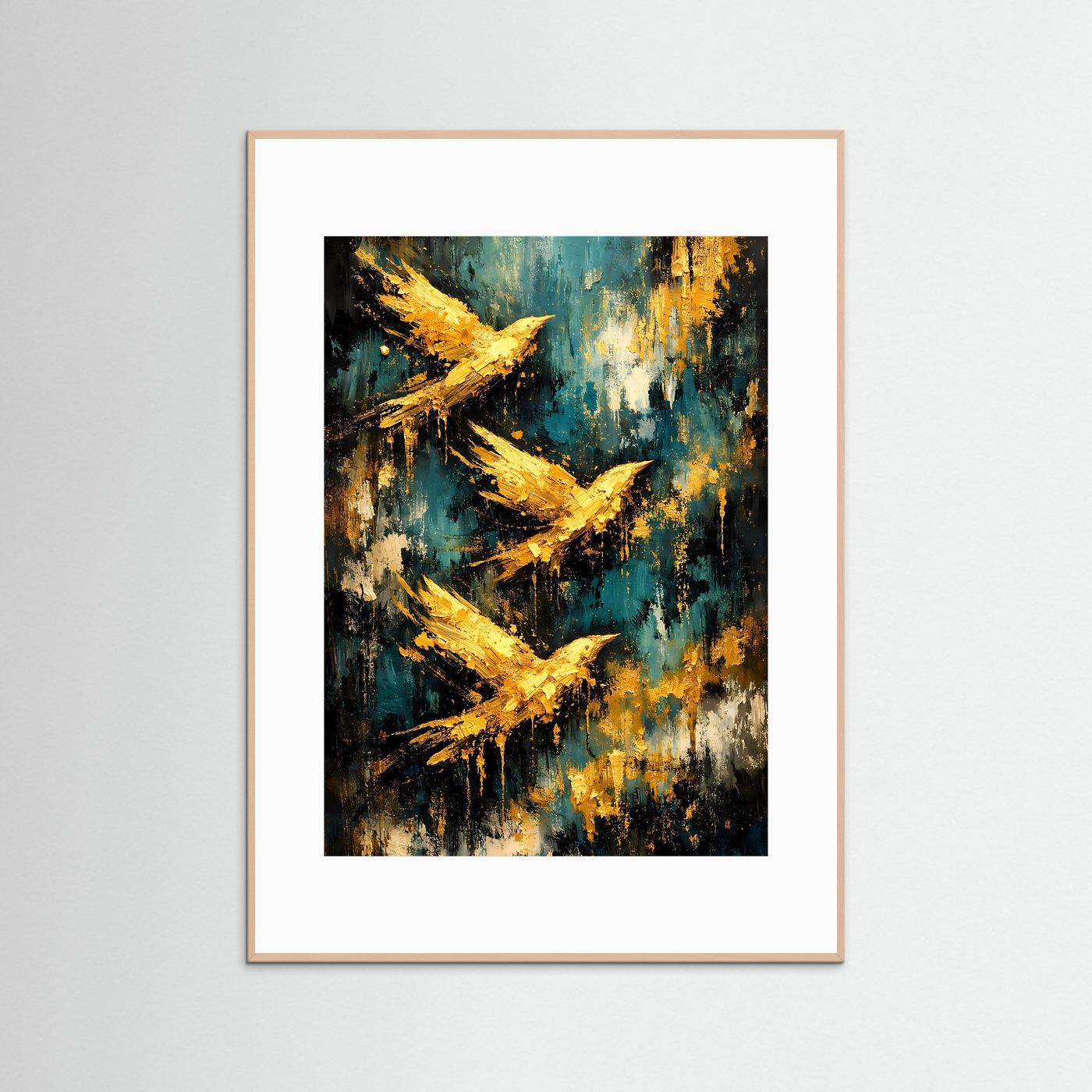 Vögel-Poster im Hochformat mit beigem Rahmen und weißem Passepartout, abstrakte goldene Formen